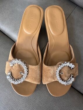 Jimmy Choo Arlia 45 Tan Suede Crystal Buckle Slide Mules